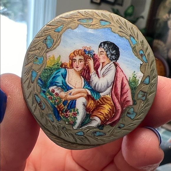 Antique Other - Antique Italian Engraved 800 Silver Hand Painted Enamel Pill Box Courting Couple